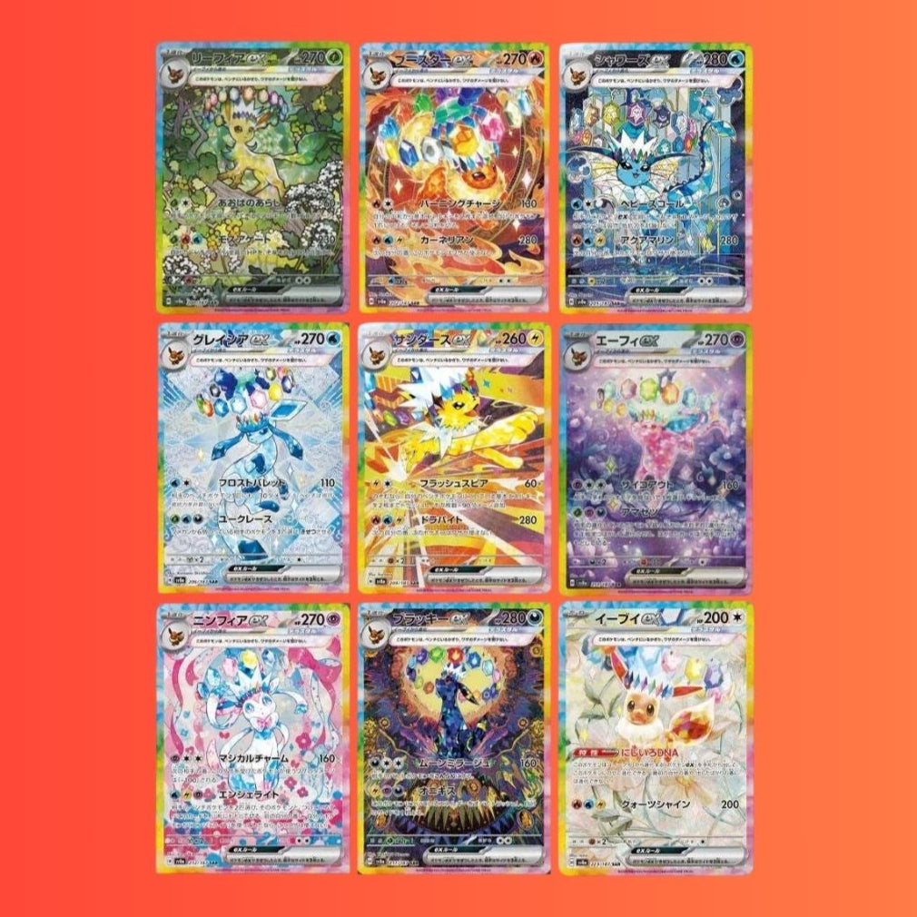 Collection of colorful eevee trading cards arranged in a grid on an orange background